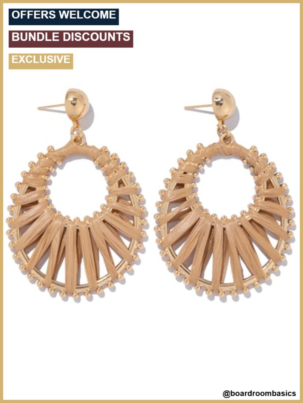 Gold Tone Raffia Dangle Drop Earrings Boho Statement Summer Beach Jewelry